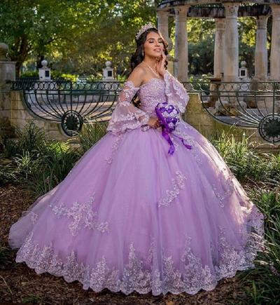 Princess Lavender V Neck Lace Up Ball Gown Lace Long Sleeves Quinceanera Dresses