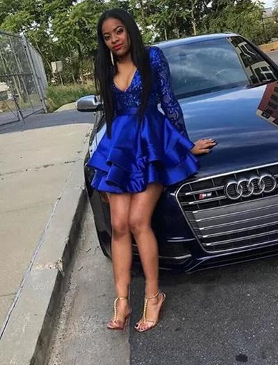 Sexy Royal Blue Satin Tiered Sequin Short Homecoming Dresses With Long Sleeves