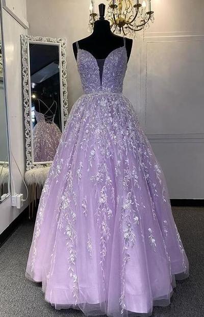 A Line Sparkly Lace Tulle Long Prom Dress