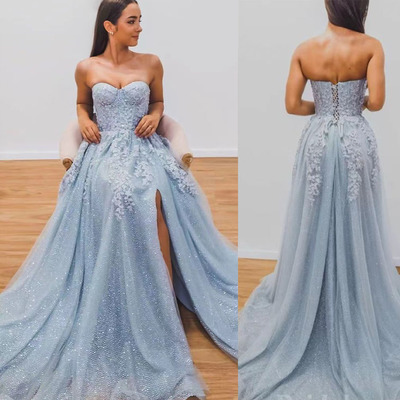 Prom Dresses Sparkly Sky Blue Slit Side