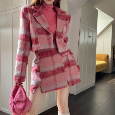 Korean Girl Women Cute Fashion Plaid Pattern Hot Pink Red Jacket Coat Top Skirt Two Piece Set