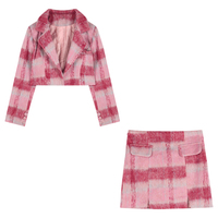 Korean Girl Women Cute Fashion Plaid Pattern Hot Pink Red Jacket Coat Top Skirt Two Piece Set - Thumbnail 9