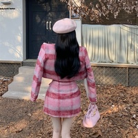 Korean Girl Women Cute Fashion Plaid Pattern Hot Pink Red Jacket Coat Top Skirt Two Piece Set - Thumbnail 6