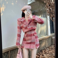 Korean Girl Women Cute Fashion Plaid Pattern Hot Pink Red Jacket Coat Top Skirt Two Piece Set - Thumbnail 5