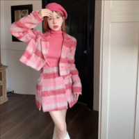 Korean Girl Women Cute Fashion Plaid Pattern Hot Pink Red Jacket Coat Top Skirt Two Piece Set - Thumbnail 4