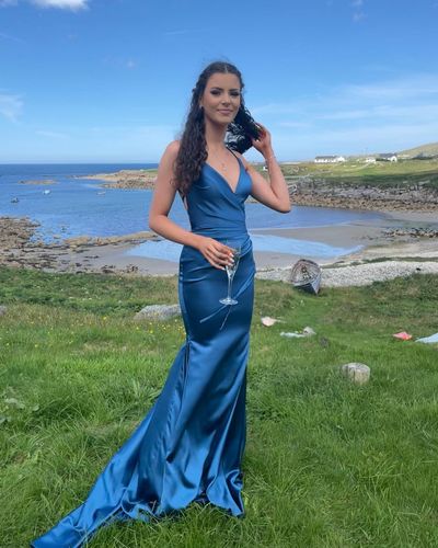 Charming Mermaid V Neck Blue Satin Long Prom Dresses