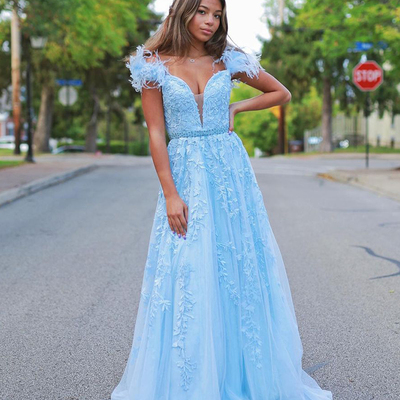 Cute a line v neck light blue tulle prom dresses - Thumbnail 3