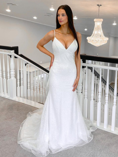 Charming Mermaid V Neck White Sequins Long Wedding Dresses
