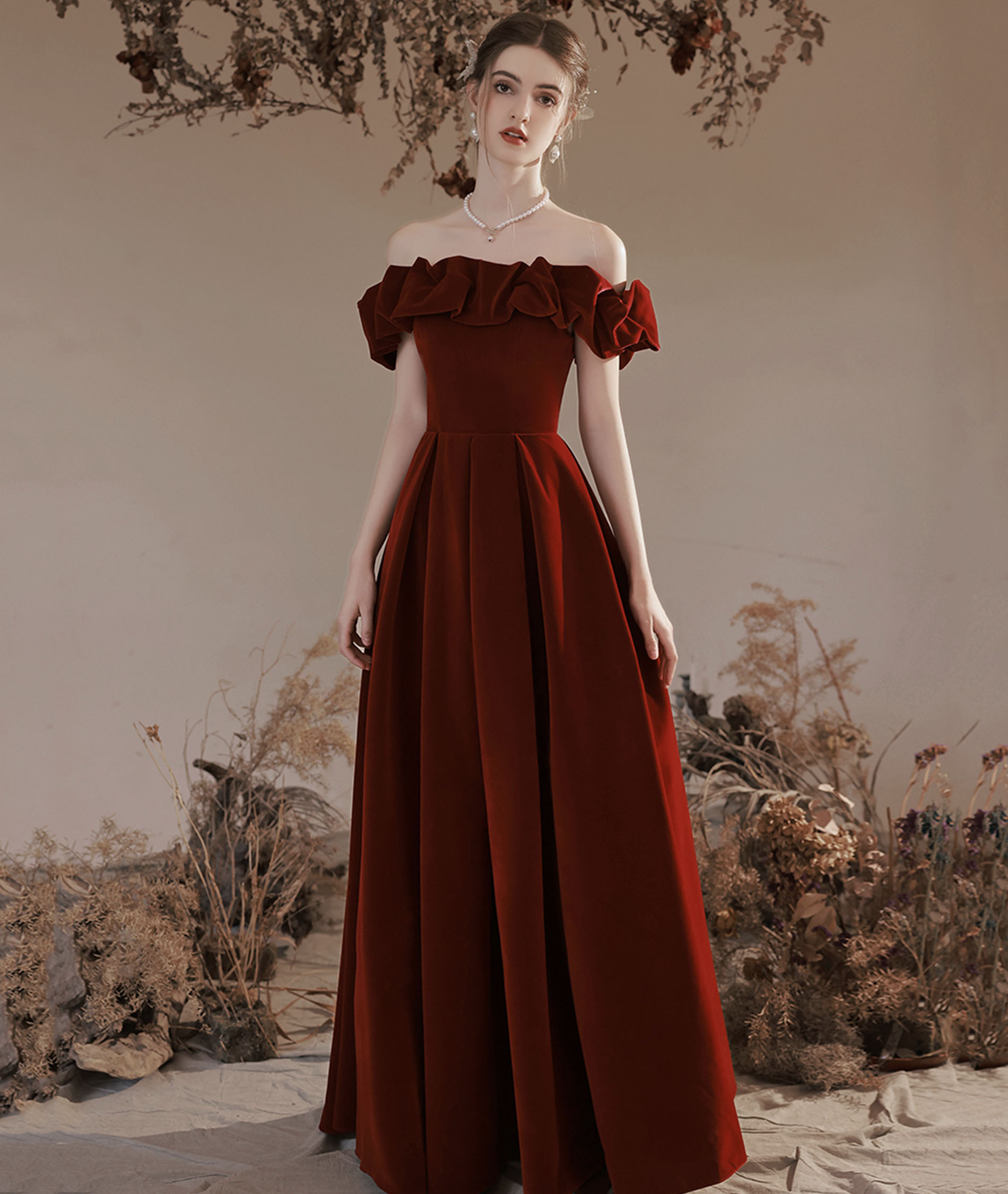 Burgundy Velvet Long A-Line Prom Dress, Off the Shoulder Evening Dress
