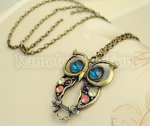 Retro Vintage Rhinestone Crystal Big OWL Pendant Necklace