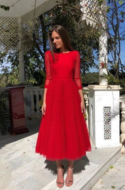 A Line Red Tea Length V Back Prom Dress