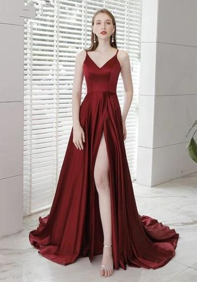 Spaghetti Straps Mermaid Split-Front Wine Red Evening Dress