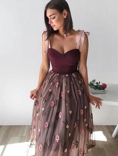 A Line Straps Tea Length Tulle Prom Dresses