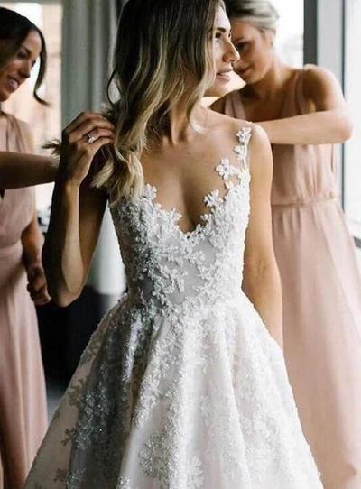 A Line Floral Round Neck Lace Bridal Dress
