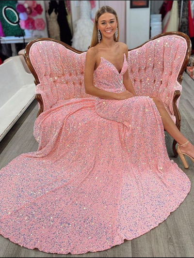 Cute Mermaid V Neck Blush Pink Sequins Prom Dresses