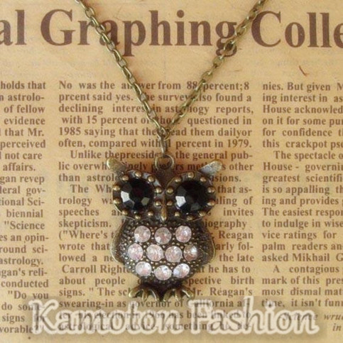 Retro Vintage Rhinestone Crystal Big OWL Pendant Necklace