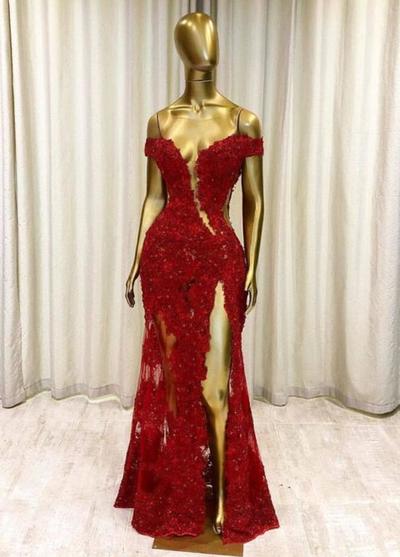 A Line V Neck Floor Length Lace Prom Dress