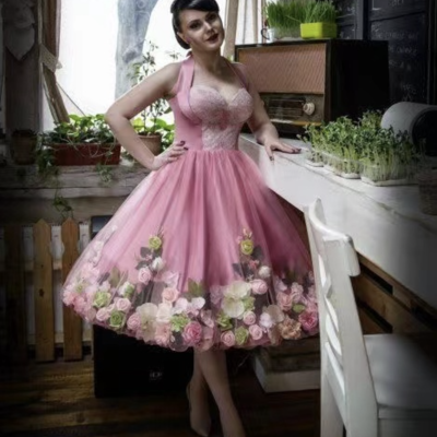 Tea length prom dresses with handmade 3d flowers  - Thumbnail 2