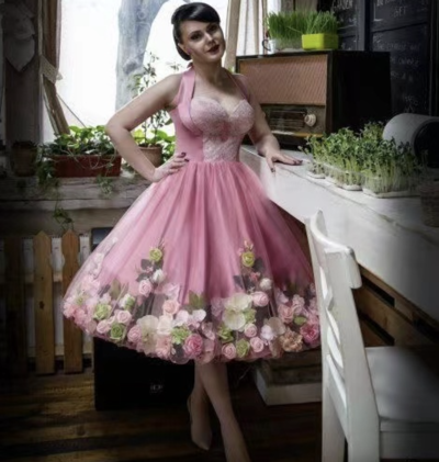 Tea Length Prom Dresses with Handmade 3D Flowers