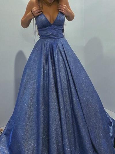 Shiny A Line V Neck Long Blue Prom Evening Dresses