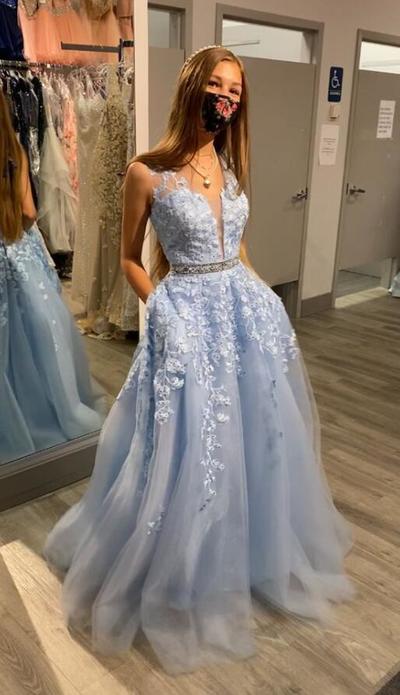 A Line Blue Lace Prom Dress With Beading