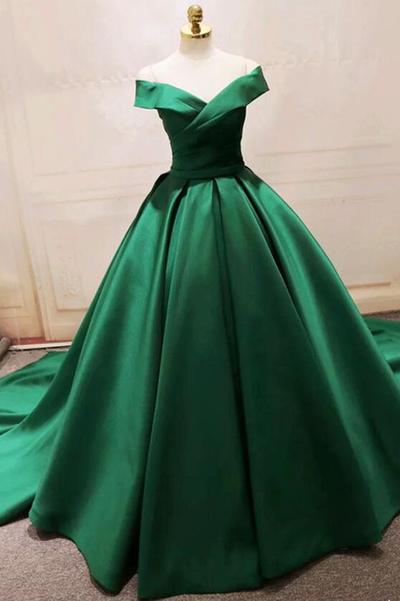Off The Shoulde Green Satin V-neck Ball Gown Prom Dresses