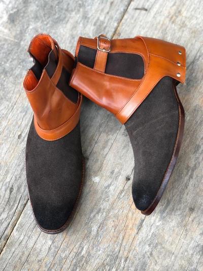 Handmade Ankle High Monk Strap Leather Boot, Men's Two Tone Suede Chelsea Boot