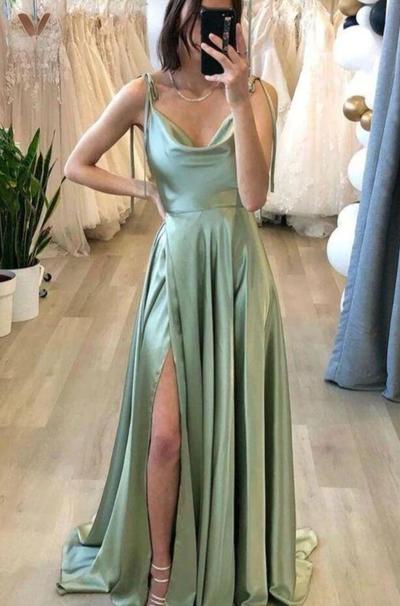 Sheath mint green long evening dresses with split