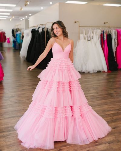 Cute Ball Gown V Neck Pink Tulle Prom Dresses