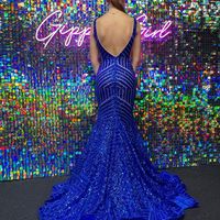 Charming Mermaid V Neck Royal Blue Sequins Long Prom Dresses - Thumbnail 1
