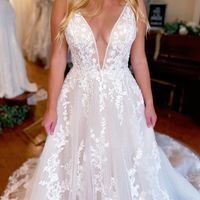 Fairy A Line V Neck Tulle Long Wedding Dresses with Lace - Thumbnail 1