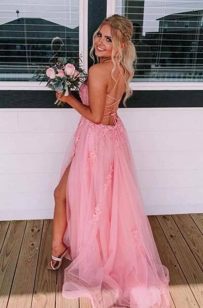 Charming A Line Split Tulle Pink Lace Prom Dresses