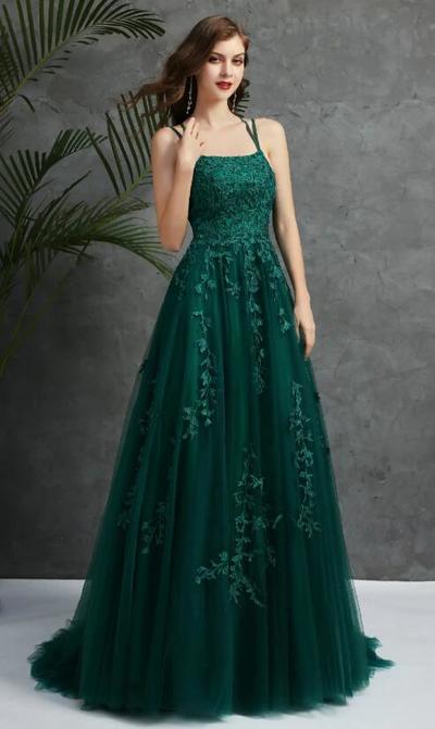 Straps Tulle Lace Appliques A Line Formal Prom Dresses