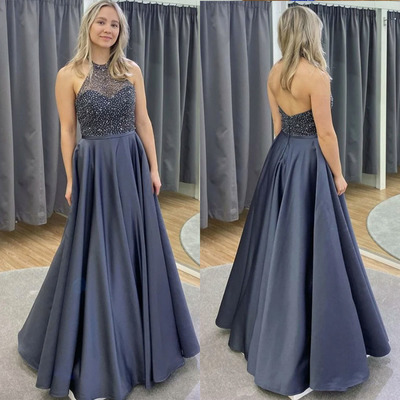 Halter gray prom dresses with rhinestones floor length - Thumbnail 1