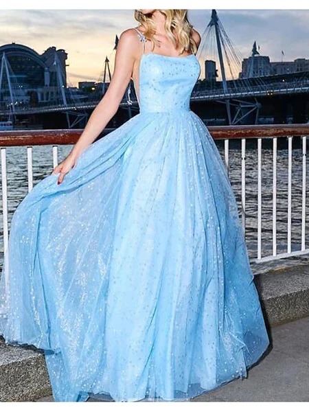 Long A Line Blue Tulle Halter Prom Dresses,BD202228