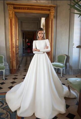 A Line Satin Backless Sweep Train Wedding Gowns Bridal Dress With Long Sleeves