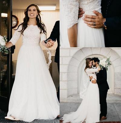 Modest A-line Ivory Lace Wedding Dresses With Half Sleeves