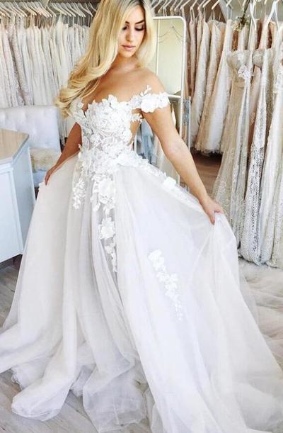 Off the Shoulder Mermaid Lace Ball Gown Long Wedding Dress