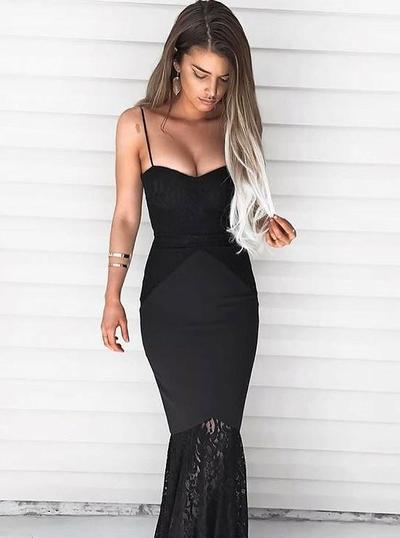 SP1751,New Style Spaghetti Straps Lace Mermaid Prom Dresses,Black Sleeveless Evening Party Dress