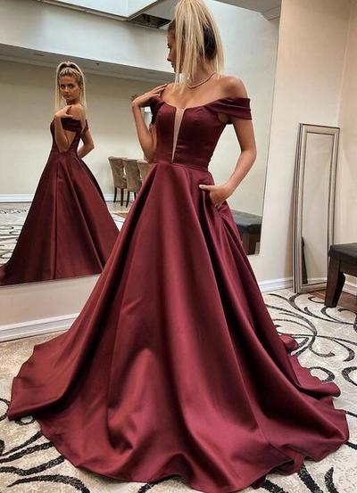Off Shoulder Dark Red Long Stain Prom Dresses