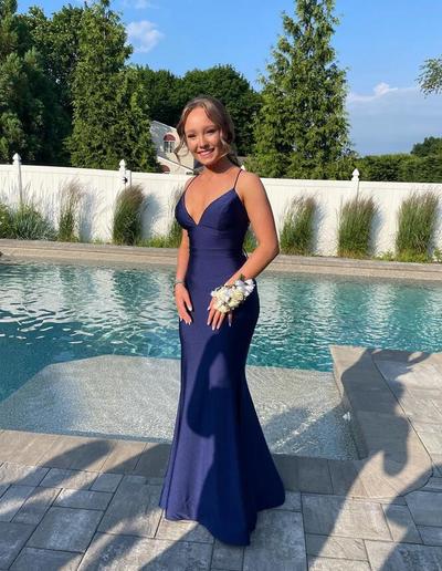 Simple V Neck Navy Blue Prom Dresses Formal Evening Gowns