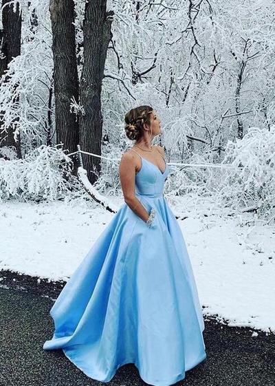 A-Line Blue V-Neck Formal Prom Dresses
