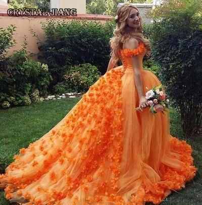 Off Shoulder Puffy Orange Wedding Dresses with Flowers
