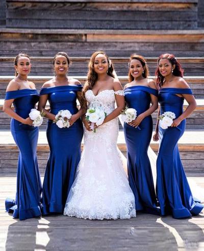 Off-The-Shoulder Sleeveless Sweep/Brush Train Long Stain Bridesmaid Dresses