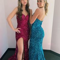 Cute Mermaid V Neck Sequins Prom Dresses with Slit - Thumbnail 1