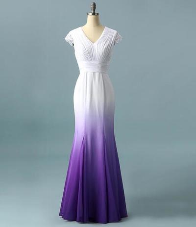 A Line White Purple Ombre Modest Bridal Dresses With Lace Appliques