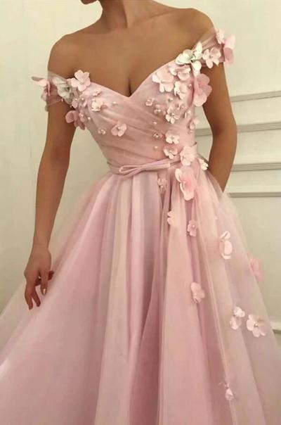 Off The Shoulder Pink Long Prom Dress With 3D Floral