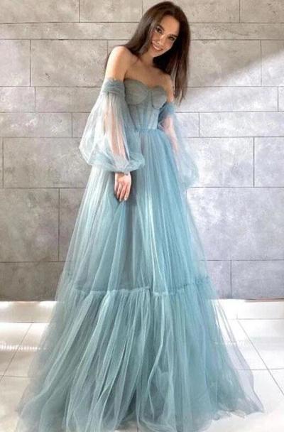 Elegant A Line Sweetheart Grey Tulle Prom Dresses