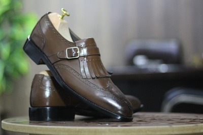 Handmade Brown Wing Tip Fringe Leather Loafer, Men's Monk Strap Moccasin Shoes