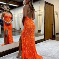 Cute Mermaid V Neck Sparkly Sequins Orange Prom Dresses with Slit - Thumbnail 2